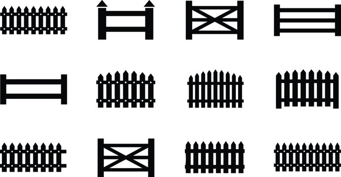 Collection of wooden fence and gate silhouettes featuring picket, rail and crossbar designs isolated on white background for garden, yard and outdoor boundary concepts