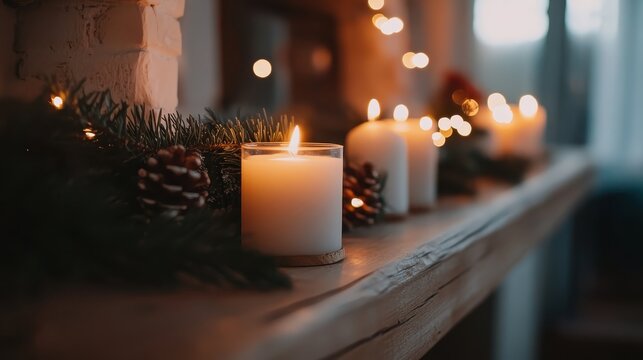 Softly glowing Christmas candles with pinecones and branches on a rustic wooden mantelpiece, creating a warm and cozy atmosphere.