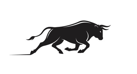 Fototapeta premium Black silhouette of a charging bull with curved horns on a white background