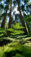 Naklejka premium nature photography, a lush vertical forest with sunbeams filtering through, exudes serenity, with a centered young sapling