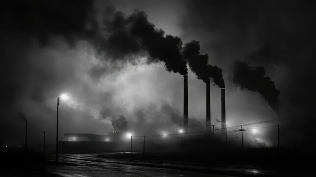 Industrial factory chimneys emitting dark smoke into a hazy night sky