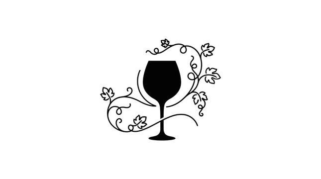 Minimalist Wine Glass Silhouette with Botanical Vine Line Art, Elegant Artisan Beverage and Organic Food Vector Concept