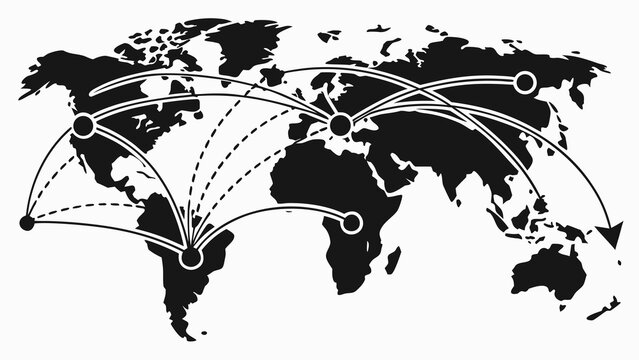 A black and white vector graphic illustration of a world map with connected lines and dots