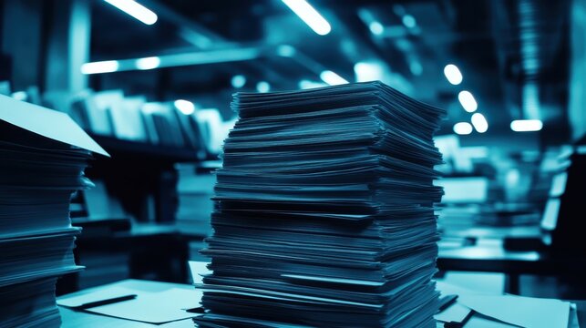 Tall Stack of Printed Brochures Undergoing Quality Control Inspection in Studio Lighting