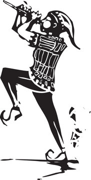 Woodcut expressionist style image of the Pied Piper of Hamlin