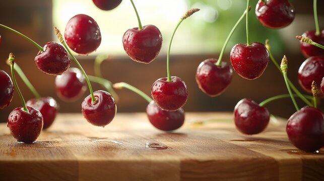 Cherry stem bounce multiple red fruits green stems wooden cutting board suspended motion water droplets natural lighting culinary ingredient movement kitchen photography