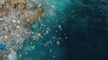 Obraz premium Floating plastic waste polluting the ocean surface near rocky shore, illustrating environmental crisis