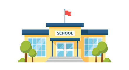 Fototapeta premium A yellow school building with a blue roof, a red flag, and green trees stands on a white background.