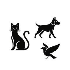 Naklejka premium Black Silhouettes of Cat Dog and Bird.