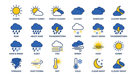 Obraz premium weather, forecast, climate, meteorology, temperature, atmospheric, conditions, climate system, environment, nature, forecast icon, weather symbols, weather set, icon set, icon pack, flat design, outli
