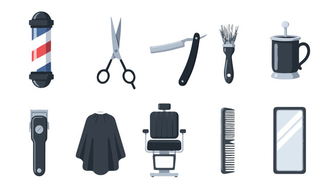 Flat vector icon set of barber shop grooming tools with scissors razor comb and salon chair