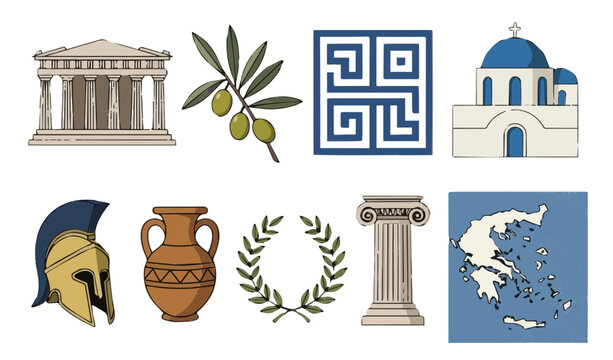 Flat vector icon set of ancient Greece culture with parthenon helmet olive vase and greek symbols