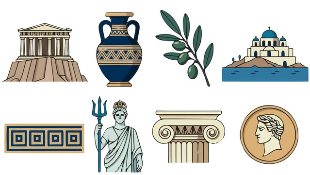 Flat vector icon set of ancient Greece culture with parthenon helmet vase olive and greek symbols