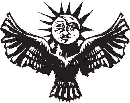 Woodcut expressionist style image of a Egyptian Ba Soul