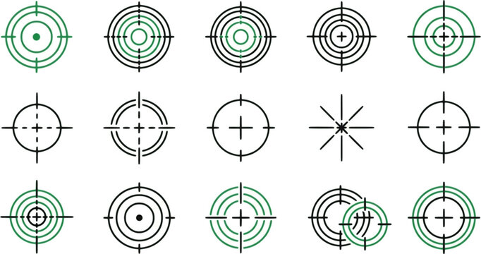 Collection of Green Target and Crosshair Icons on White Background
