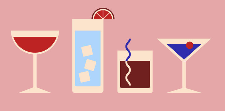 Collection of cocktail glasses with various drinks