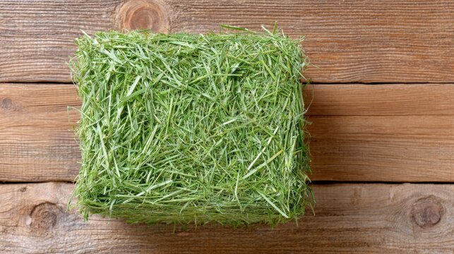 Fresh grass hay bale on wooden background