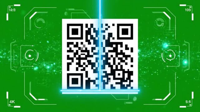 A futuristic video showcasing a QR code being scanned with a blue laser beam on a green circuit board background