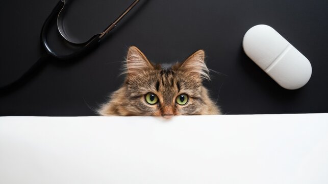 Fluffy cat with stethoscope and pill on black and white background