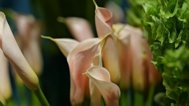 Elegant Calla Lily Flowers in Soft Peach Tones with Natural Background