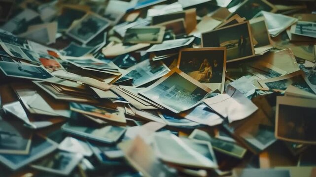 Video Old photographs stacked on a table, with creased edges and faded colors