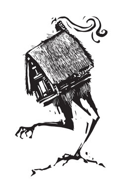 Woodcut expressionist style image of Baba Yaga's Dacha