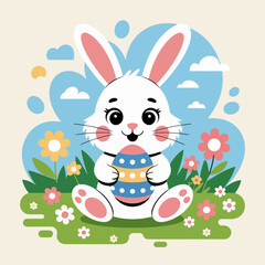 Fototapeta premium An adorable white Easter bunny gently cradles a beautifully decorated egg in a flowery field.