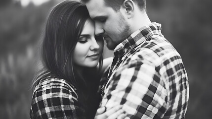 Fototapeta premium Couple embracing in a tender moment, wearing matching plaid shirts, surrounded by a soft, blurred natural background, capturing intimacy and connection in a romantic setting
