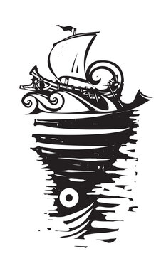 Woodcut expressionist style image of  Charybdis and Odysseus