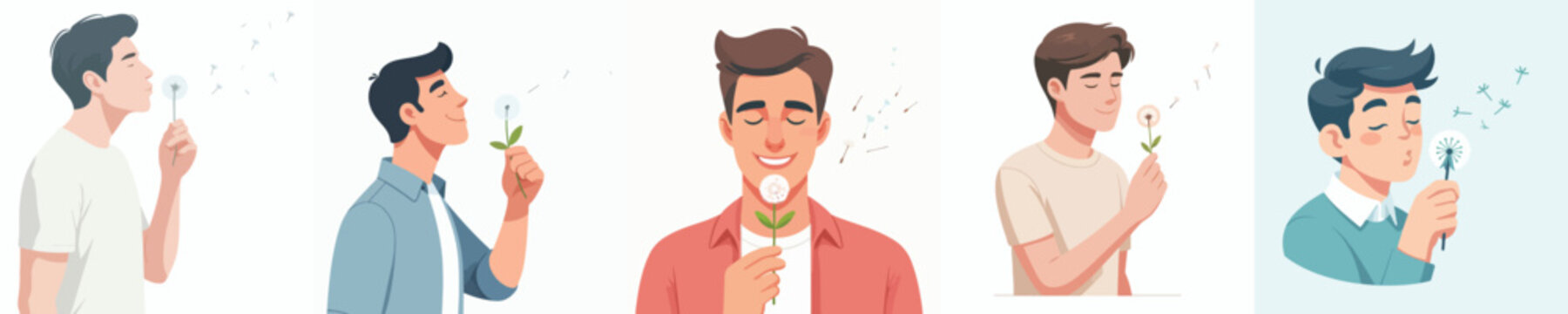 half body vector of a man blowing a dandelion flower in spring