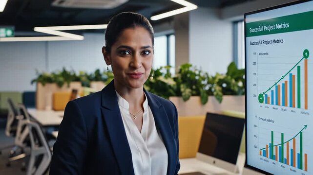 Analytics, data and business strategy in a modern office environment for project performance review with female executive analyzing successful metrics on screen display. Innovation, growth and