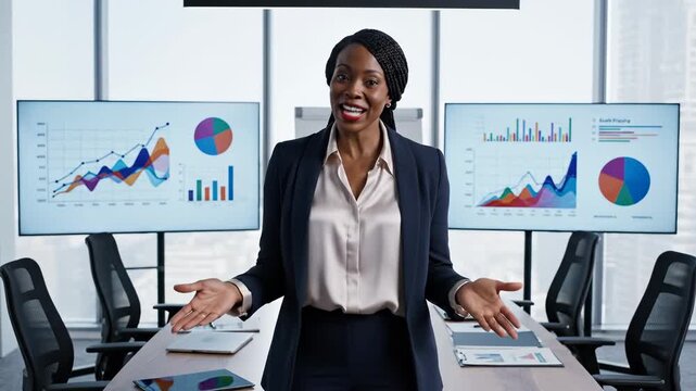 Business analytics, data visualization and financial reporting during a strategy meeting with confident businesswoman presenting key performance indicators to her team in modern conference room
