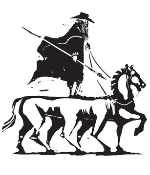 Woodcut expressionist style image of Odin Riding Sleipnir