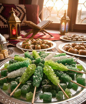  Variety of green rock candy sweets in silver plate for traditional sweet and feast festival (called bayram in Turkish). This feast festival coming after Ramadan month and related with religion and al