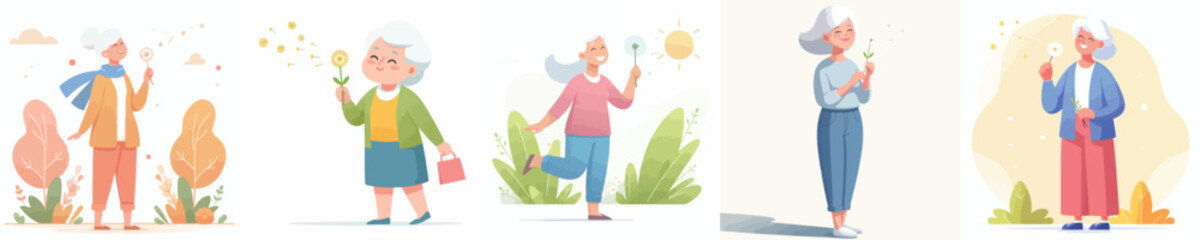 Obraz premium vector of a grandmother blowing a dandelion flower in spring