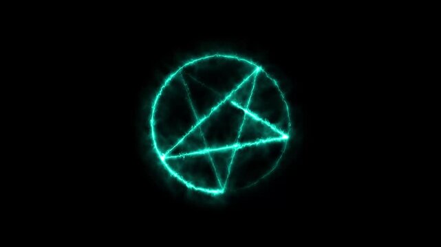 Mystical bright neon fire effect pentacle or inverted pentagram in circle on black background.HD video animation.