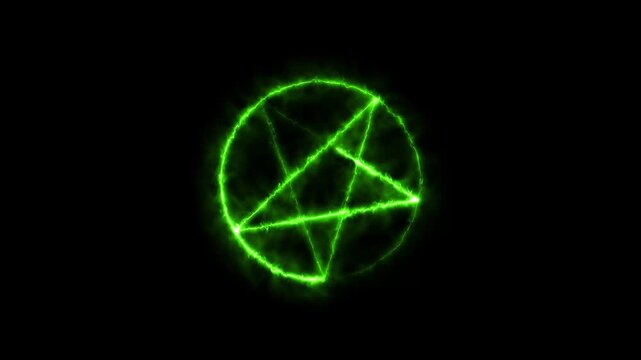 Mystical bright neon fire effect pentacle or inverted pentagram in circle on black background.HD video animation.