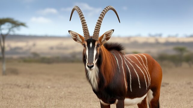Sable antelope with curved horns standing in dry savannah landscape with brown coat and white stripes