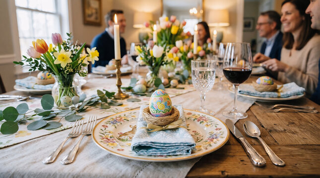 A beautifully set Easter dinner table with family in the background