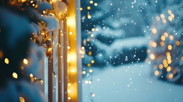 Warm Christmas lights draped over a snowy porch railing on a winter night, creating a cozy and festive atmosphere with falling snow.