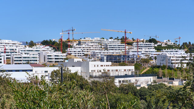 Estepona, Spain - 17 February 2026: View of modern white buildings contrast with the greenery, under a vast blue sky, dotted with construction cranes.