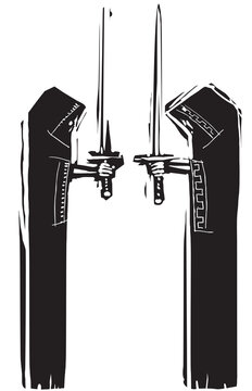 Woodcut expressionist style image of two druids with swords