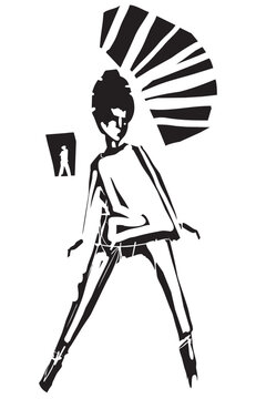 Woodcut expressionist style image of a  Mod Girl Dancing