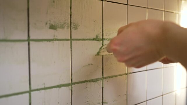 Careful handyman applying green cement grout between white ceramic tiles on a wall using a squeegee, demonstrating a detailed home improvement and renovation process