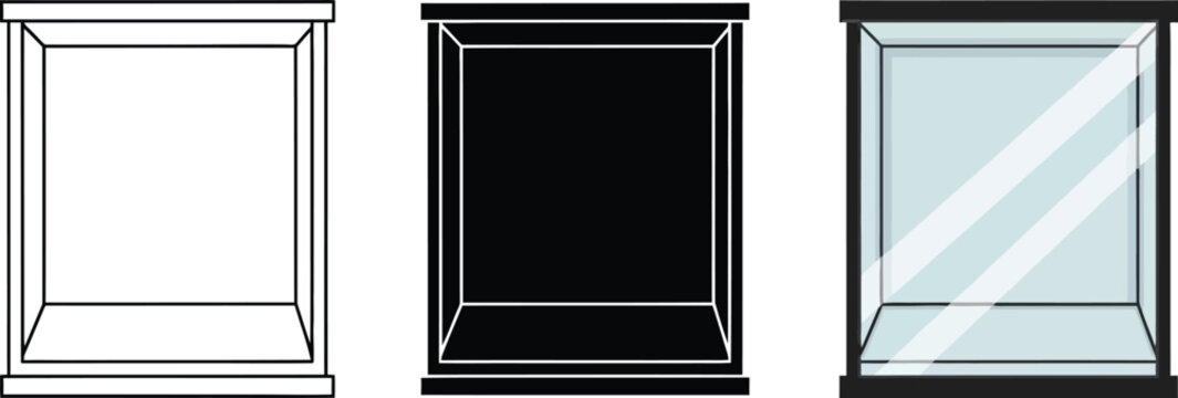 Set of empty display cases featuring outline solid and glass versions ideal for retail museum or UI design elements