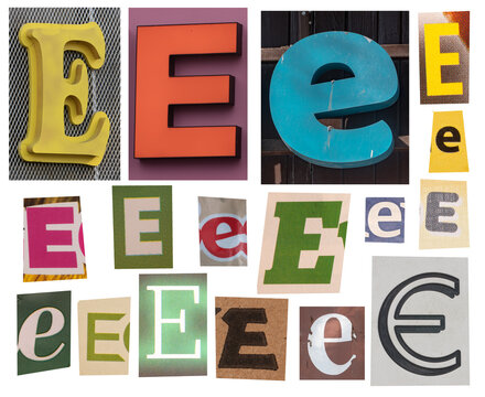Collage of Letter E Signs and Cutouts in Colorful Typography and Vintage Styles