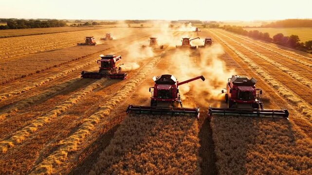 Aerial Drone View of Red Harvesters in Parallel Rows with Geometric Farmland Patterns at Golden Hour