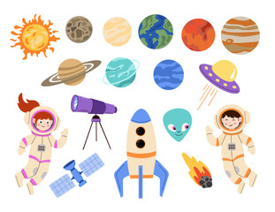 Fototapeta premium Сollection of space elements: boy and girl astronauts, rocket, planets, telescope, and UFO. Modern cosmic desings for kids nursery decor and educational projects.