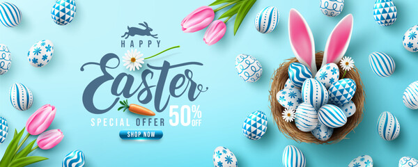 Easter poster and banner template with Easter eggs in the nest on light green background.Greetings and presents for Easter Day in flat lay styling.Promotion and shopping template for Easter © PixaFlow