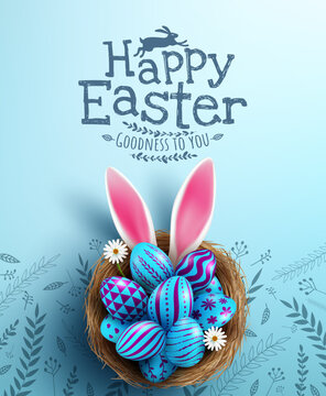 Easter poster and banner template with Easter eggs in the nest on light blue background.Greetings and presents for Easter Day in flat lay styling.Promotion and shopping template for Easter